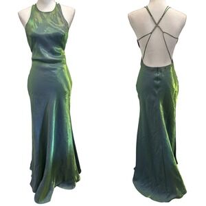 VTG Y2K Faviana Iridescent Green Purple Open Back Rhinestone Strap Gown XS‎ Prom